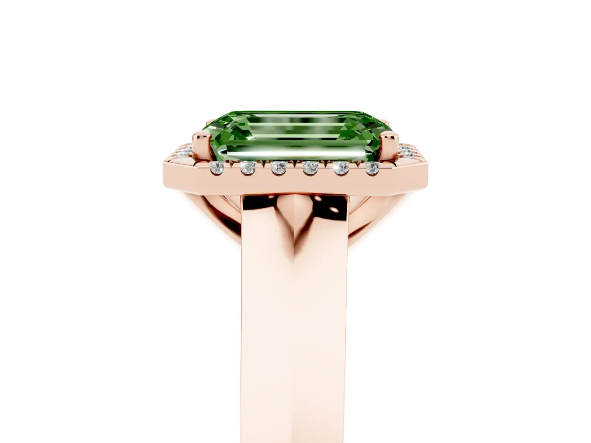 Fancy Green Emerald Cut Halo Diamond Ring with Cathedral Band and Four-Prong Setting Rose gold