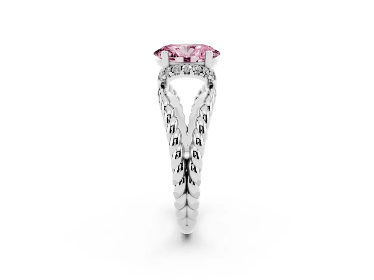 Fancy Pink Oval Cut Halo Twisted Band Four-Prong Ring Silver