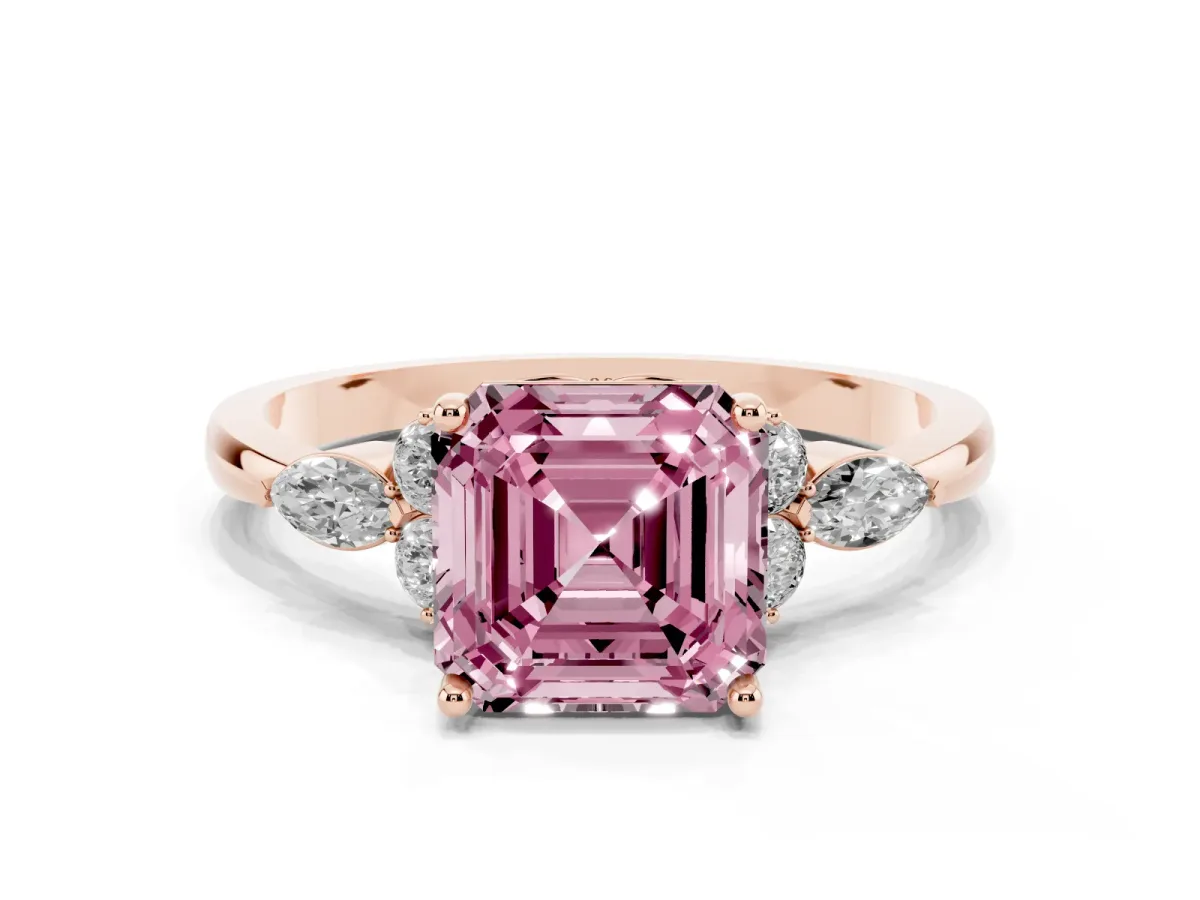 Fancy Pink Asscher Cut Brilliant Diamond Solitaire Ring with Pear Side Stones and Four-Prong Setting Rose gold