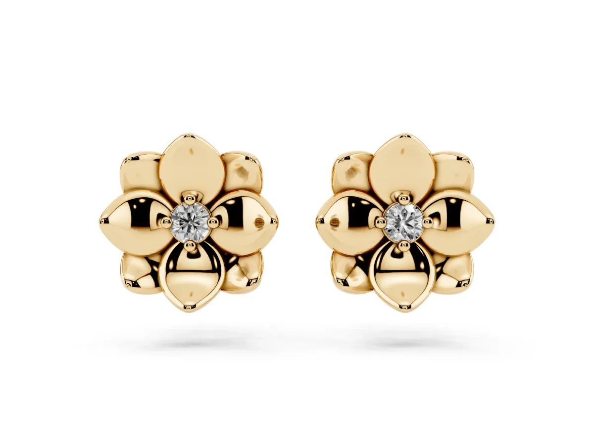 Round Diamond Magnolia Floral Stud Earrings Yellow gold