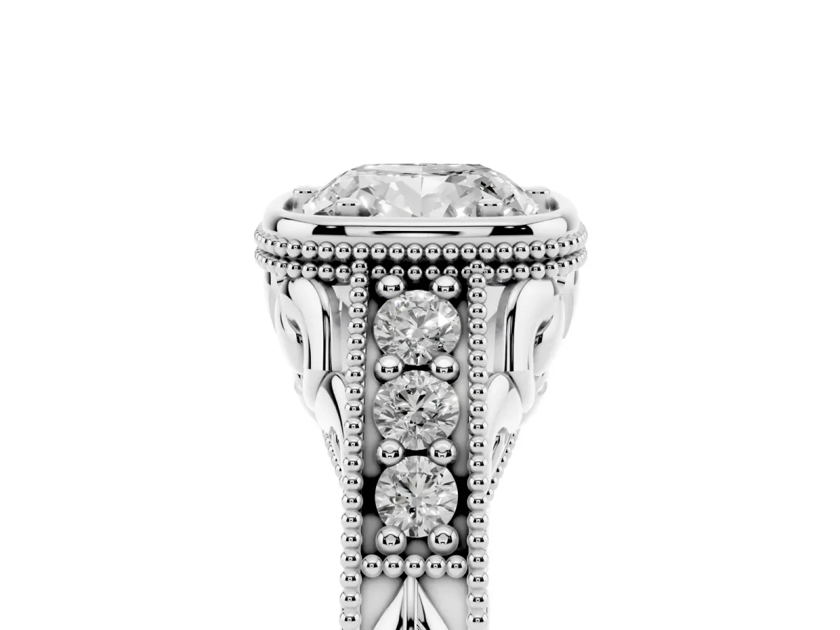 Bezel Set Cushion Cut Diamond Milgrain Pave Engagement Ring White gold