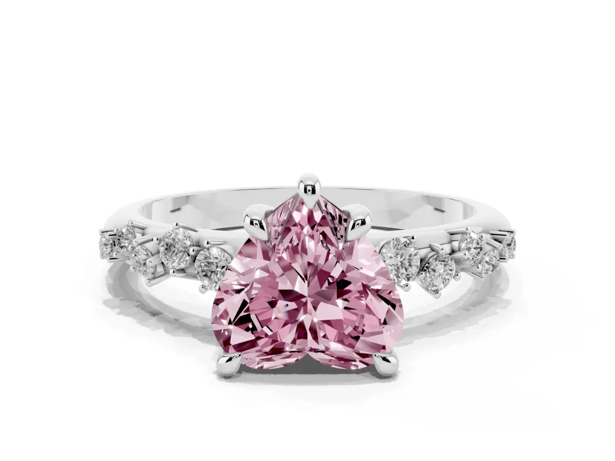 Fancy Pink Heart Cut Cut Diamond Vine Band with Four-Prong Setting Silver