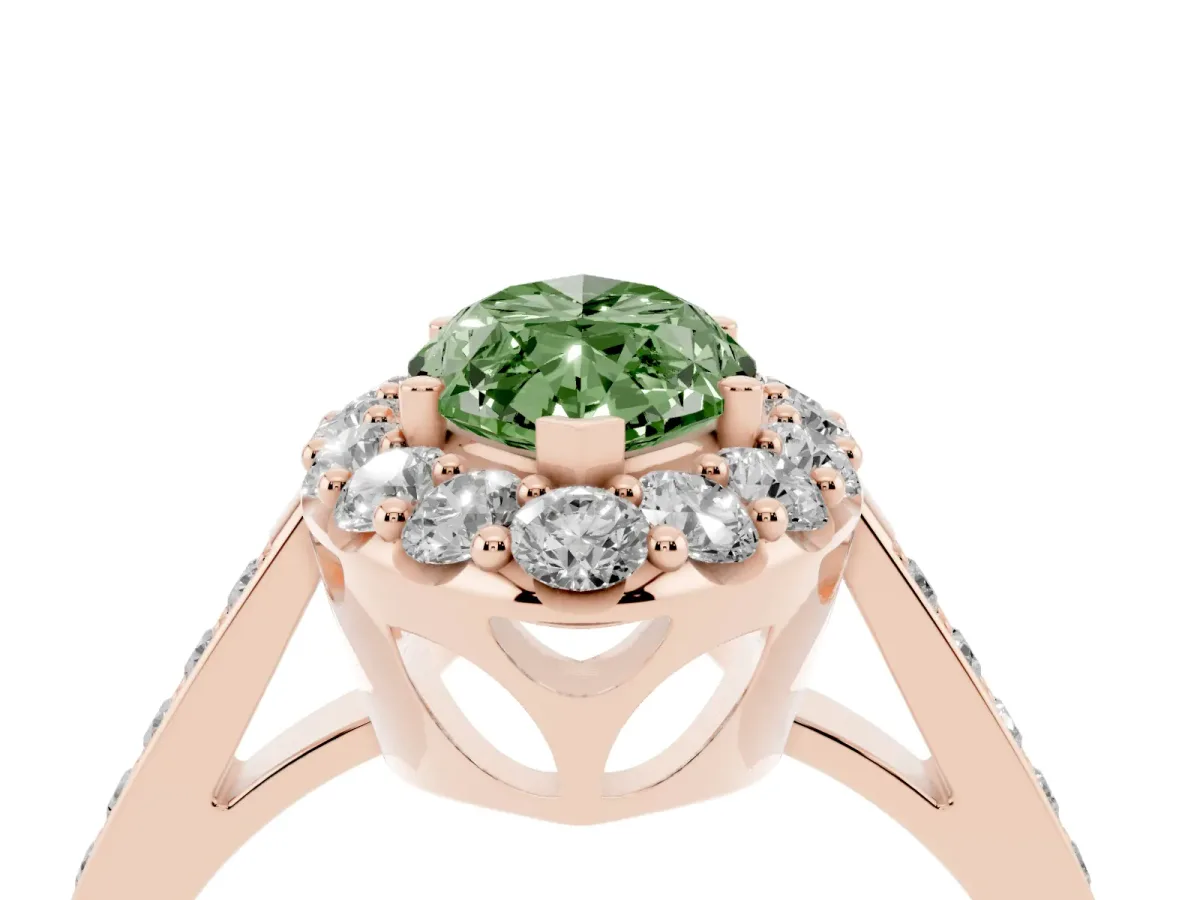 Fancy Green Marquise Cut Diamond Floral Halo Ring with Pavé Band and Prong Setting Rose gold