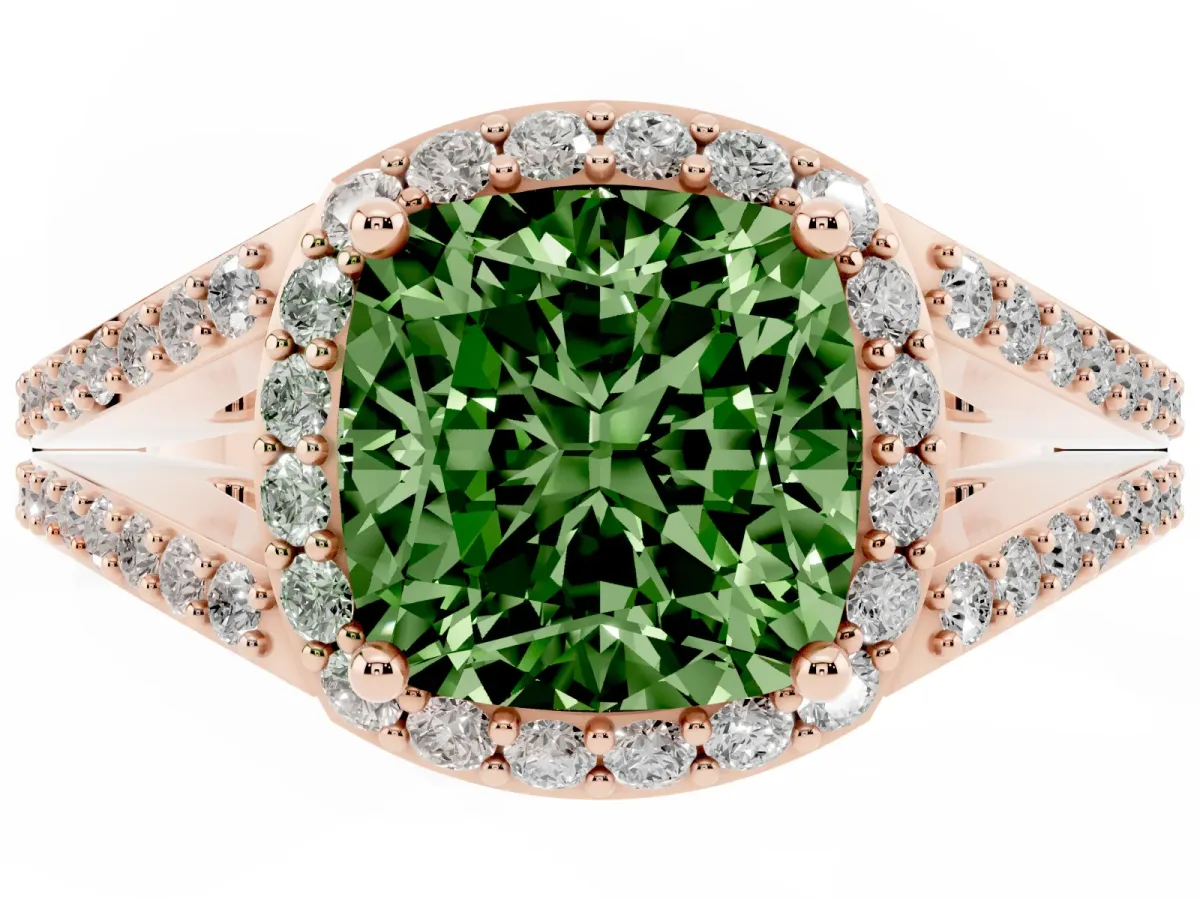 Fancy Green Cushion Cut Halo Split Shank Diamond Ring with Prong Setting Rose gold