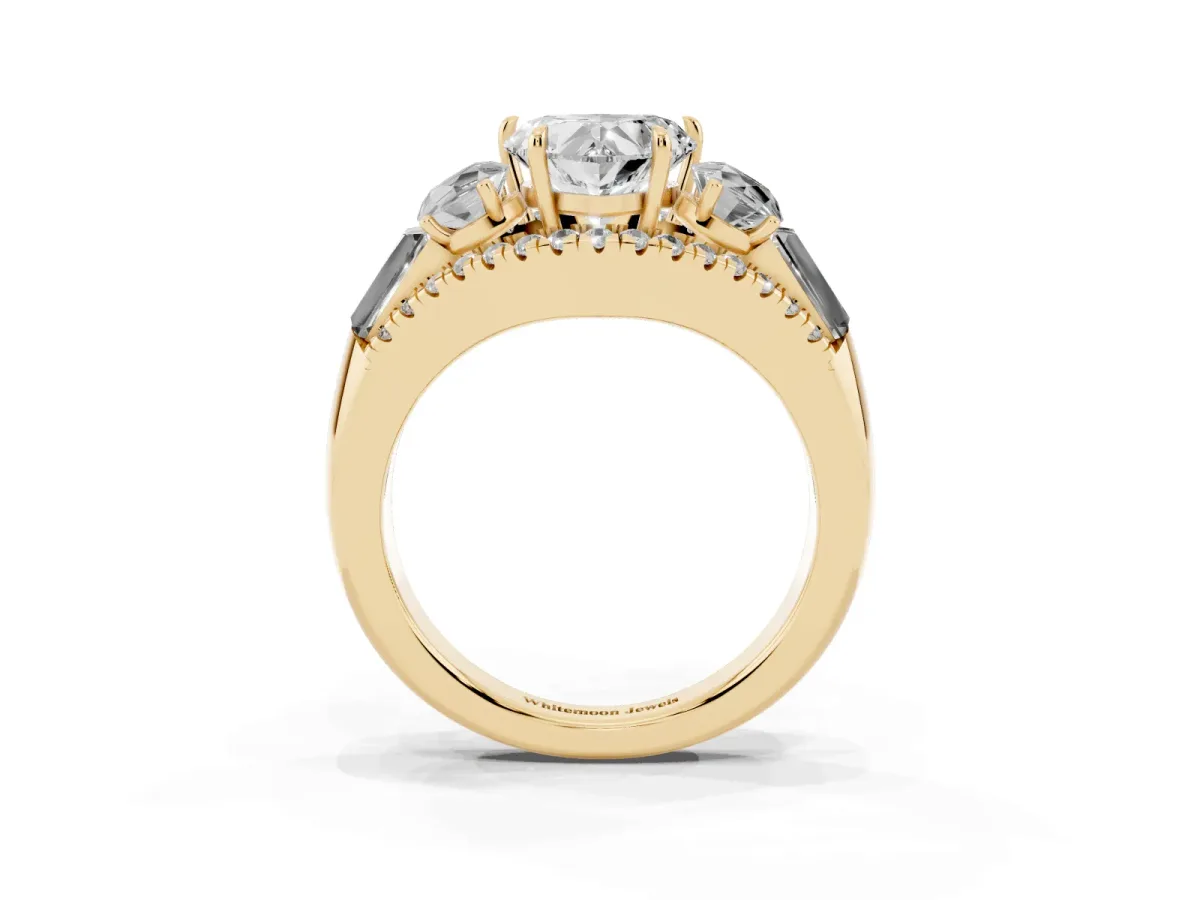 Three-Stone Heart Cut Diamond Engagement Ring with Pave Band and Prong Setting Yellow gold