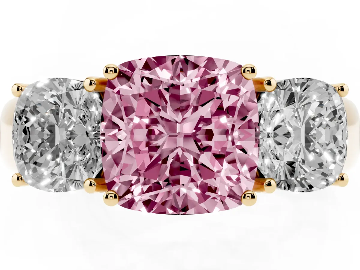 Fancy Pink Three-Stone Cushion Cut Cut Diamond Ring with Prong Setting and Classic Band Yellow gold