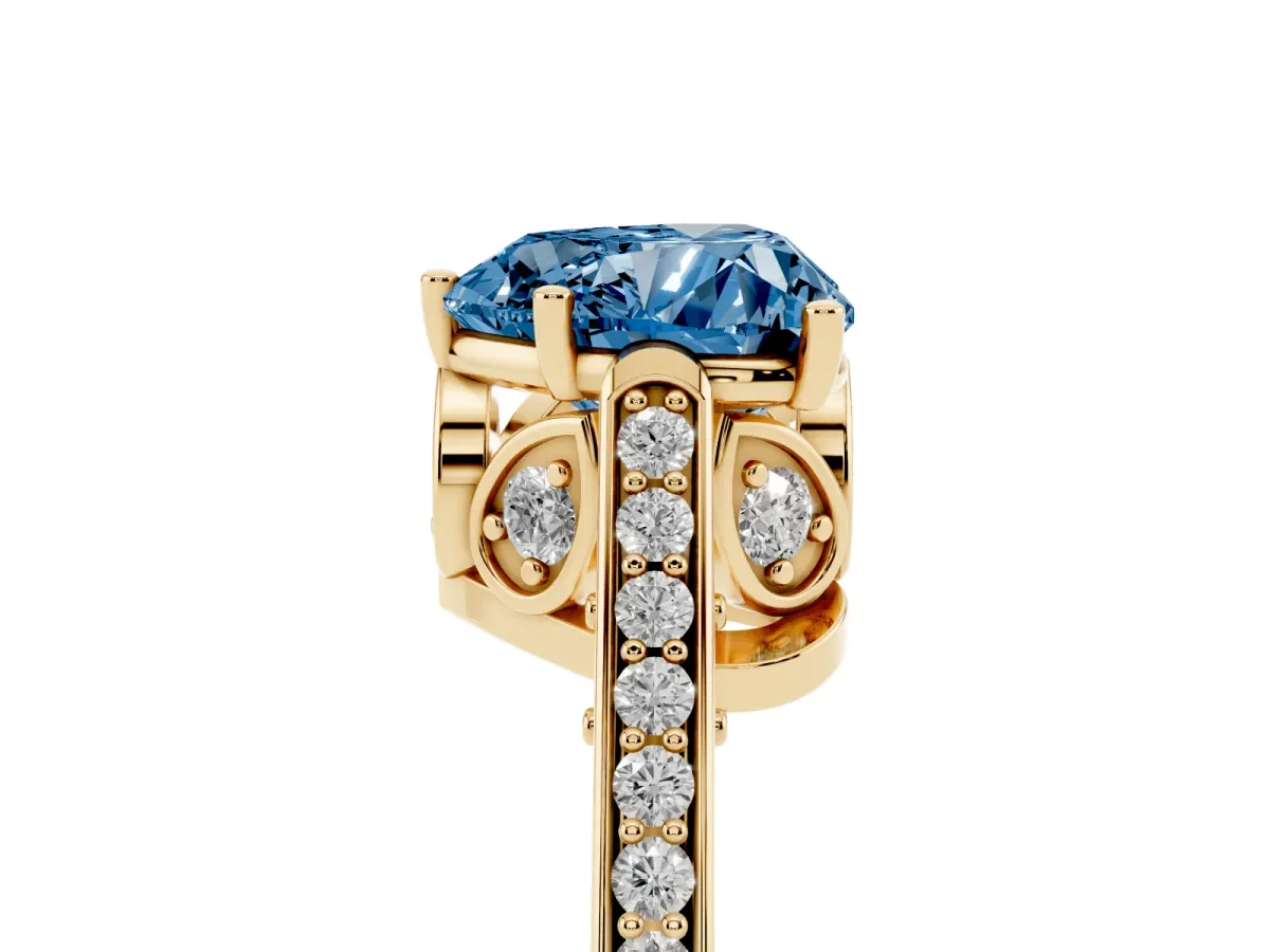 Fancy Blue Heart Cut Cut Cathedral Pave Diamond Engagement Ring with Six-Prong Setting Yellow gold