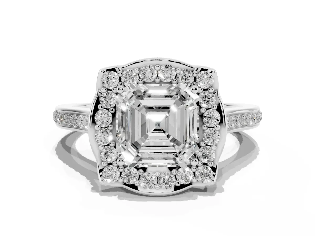 Asscher Cut Halo Round Diamond Pave Band with Four-Prong Setting Silver