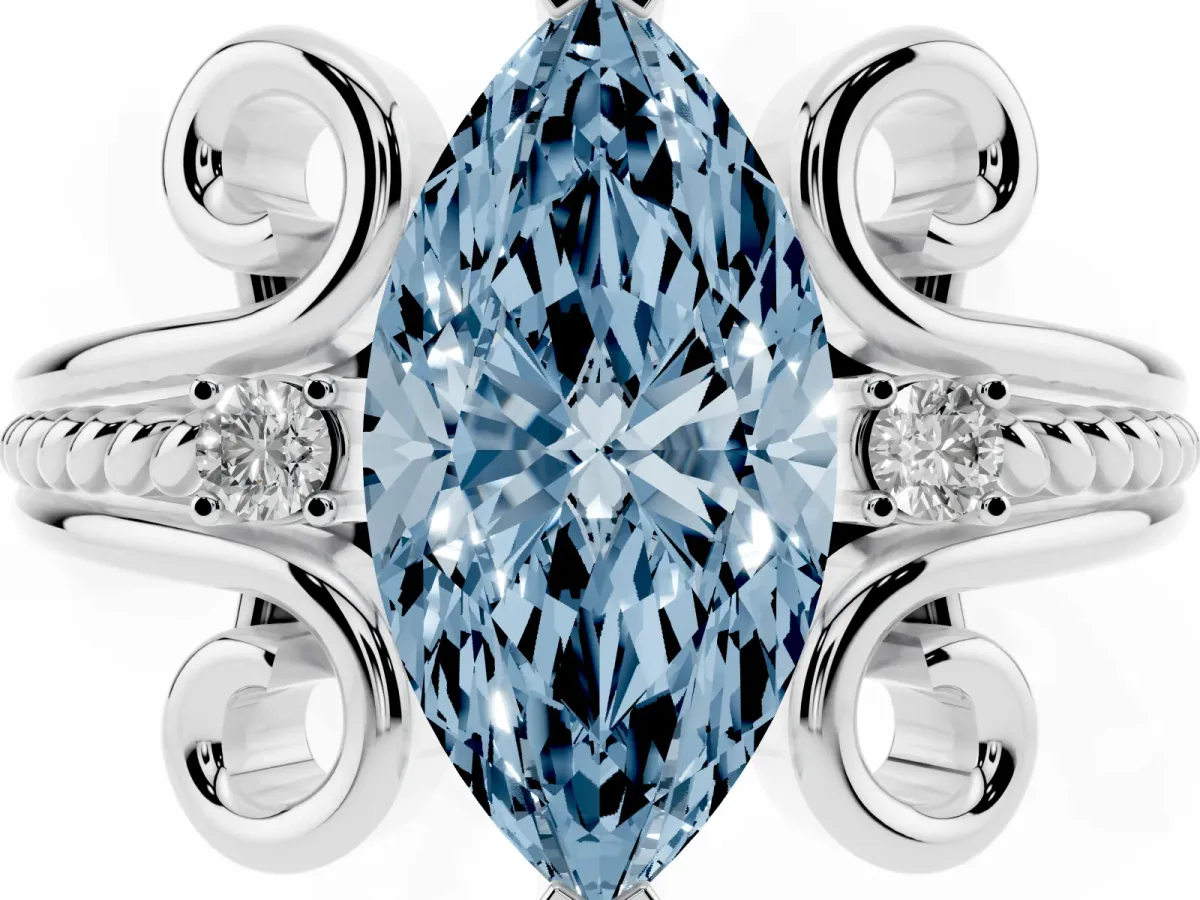 Fancy Blue Marquise Cut Solitaire Twisted Band Scroll Prong Ring Platinum