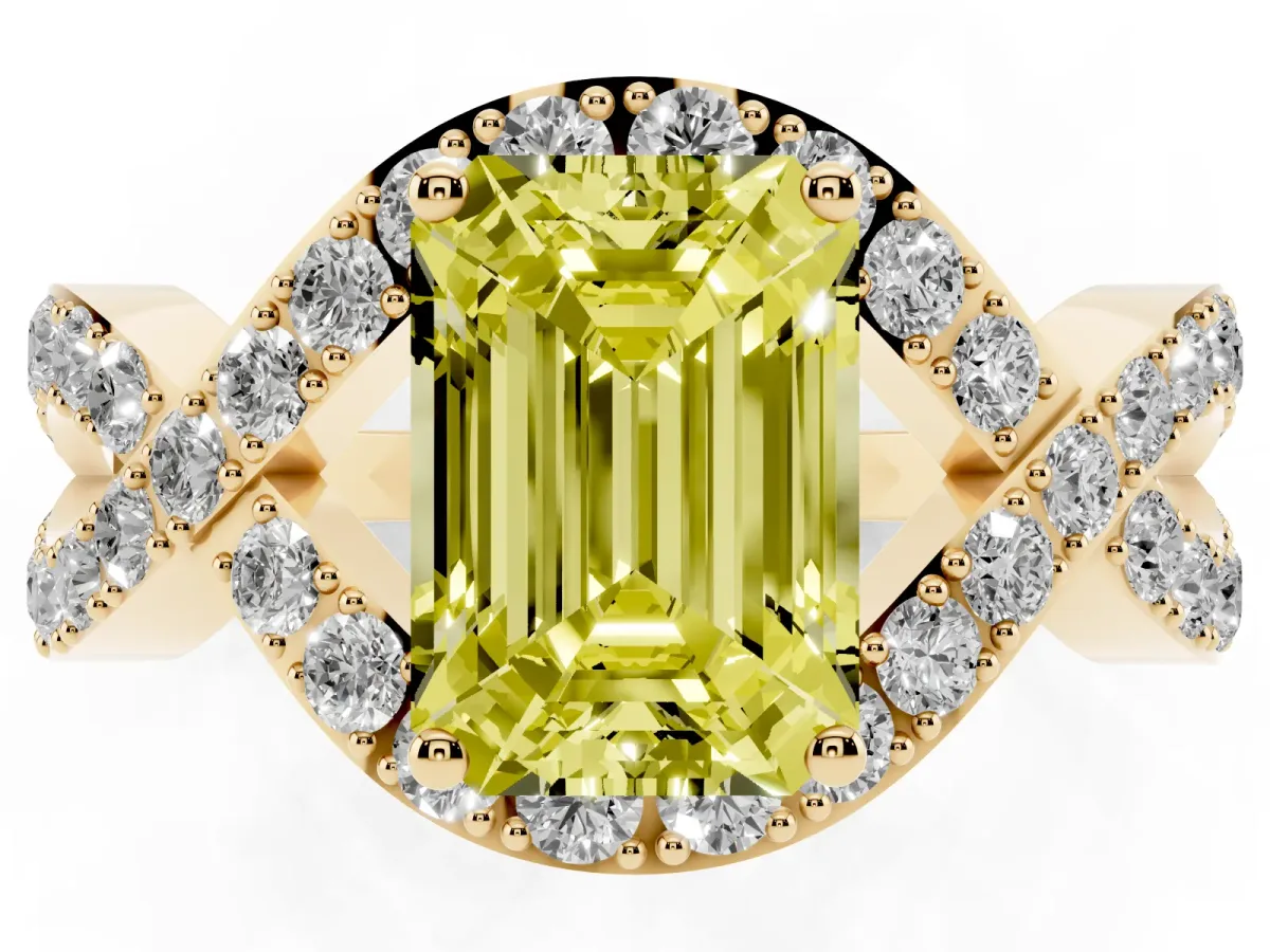 Fancy Yellow Emerald Cut Solitaire Twist Band Pavé Diamond Engagement Ring Yellow gold