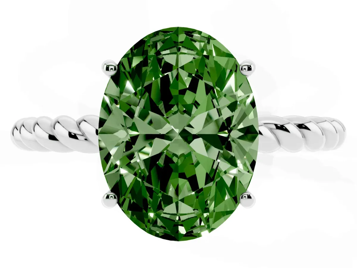 Fancy Green Oval Cut Solitaire Twist Band Ring with Four-Prong Setting Silver