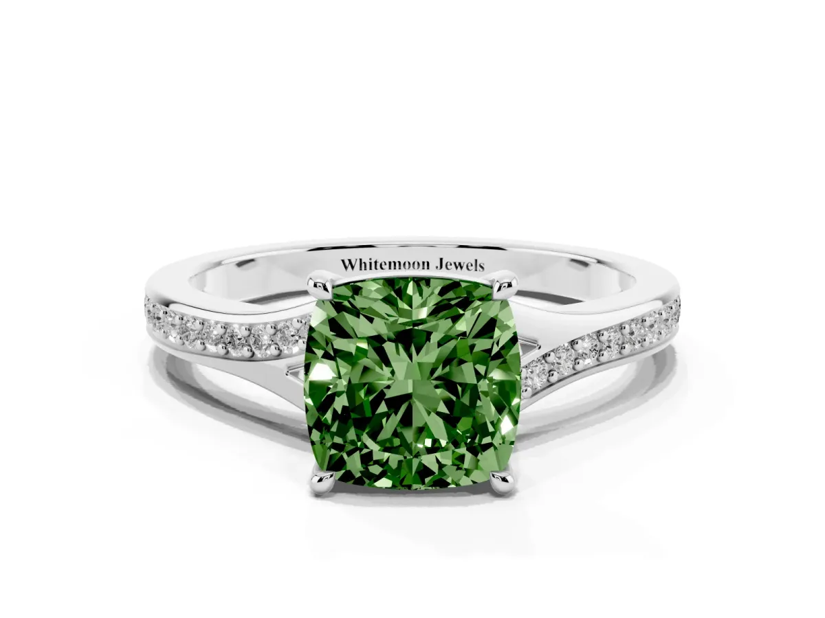 Fancy Green Cushion Cut Diamond Solitaire Ring with Pavé Band and Prong Setting Silver