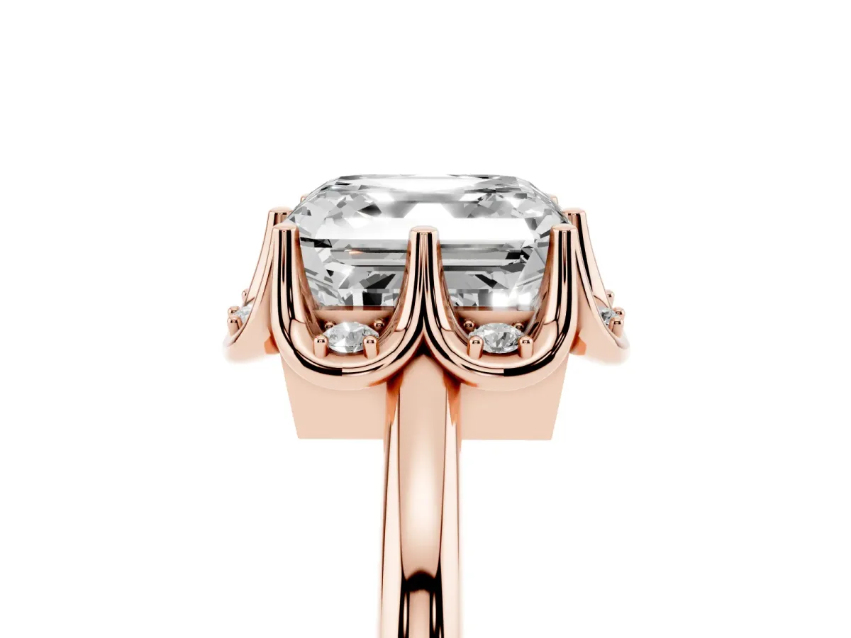 Asscher Cut Halo Diamond Ring with Round Cluster Setting, Solitaire Band, and Four-Prong Setting Rose gold