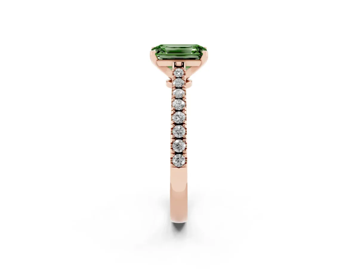 Fancy Green Emerald Cut Cut Solitaire Diamond Engagement Ring with Pave Band and Four-Prong Setting Rose gold