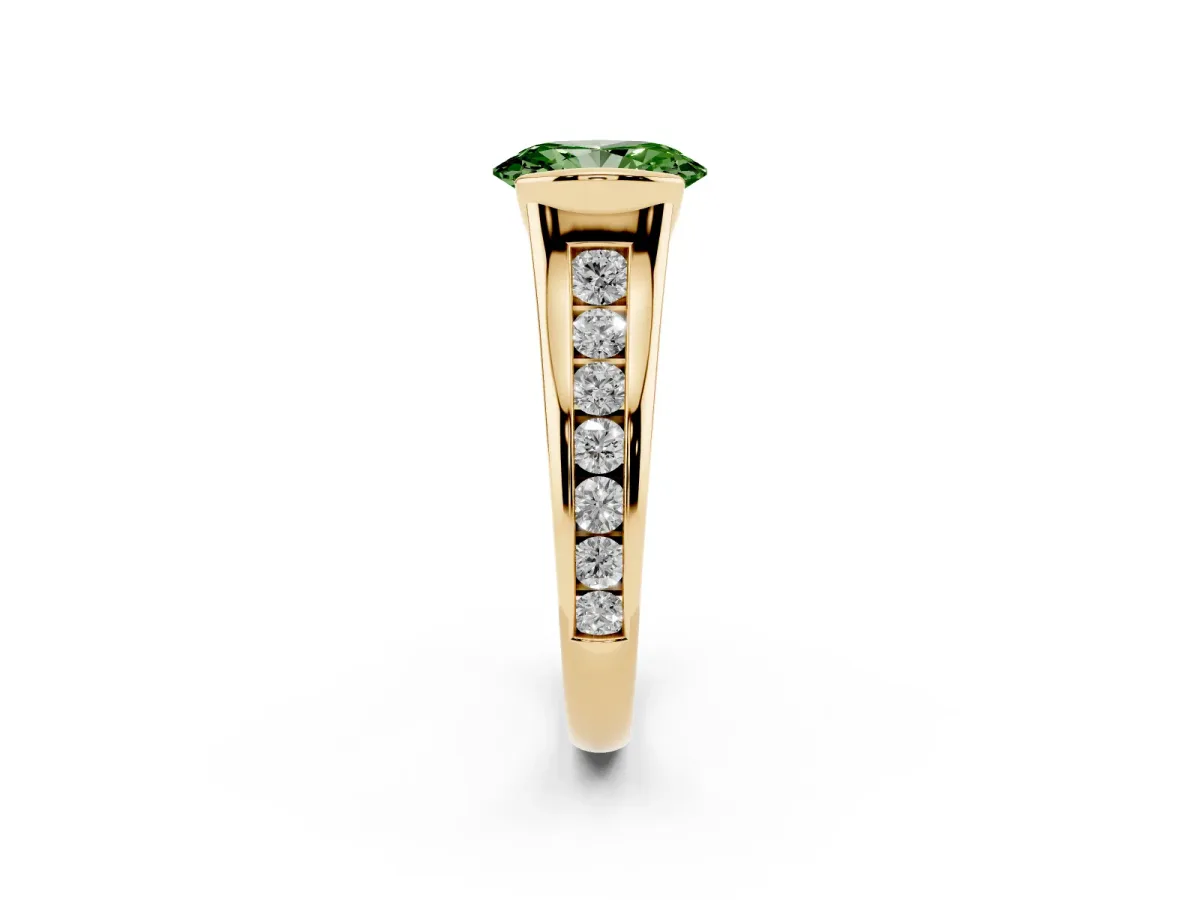 Fancy Green Oval Cut Solitaire Bezel-Set Diamond Ring with Channel-Set Band Yellow gold