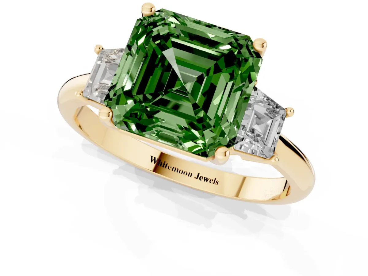Fancy Green Asscher Cut Diamond Three-Stone Ring with Trapezoid Side Stones and Prong Setting Yellow gold