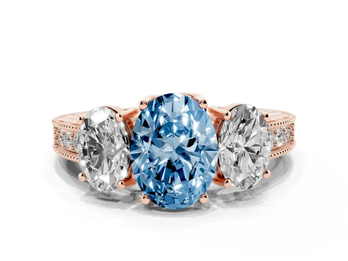 Fancy Blue Three-Stone Oval Cut Cut Milgrain Pavé Engagement Ring Rose gold
