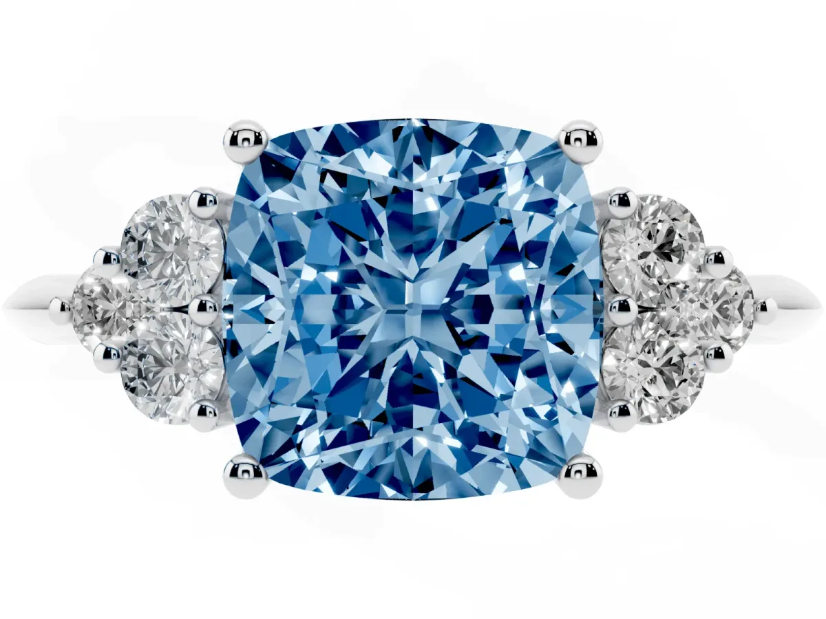 Fancy Blue Cushion Cut Cut Diamond Cluster Ring with Solitaire Band and Four-Prong Setting Silver