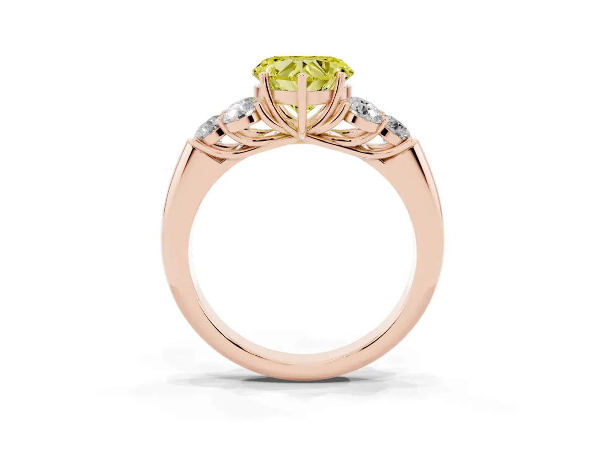 Fancy Yellow Heart Cut Cut Diamond Cluster Ring with Round Accent Stones and Prong Setting on a Classic Band Rose gold