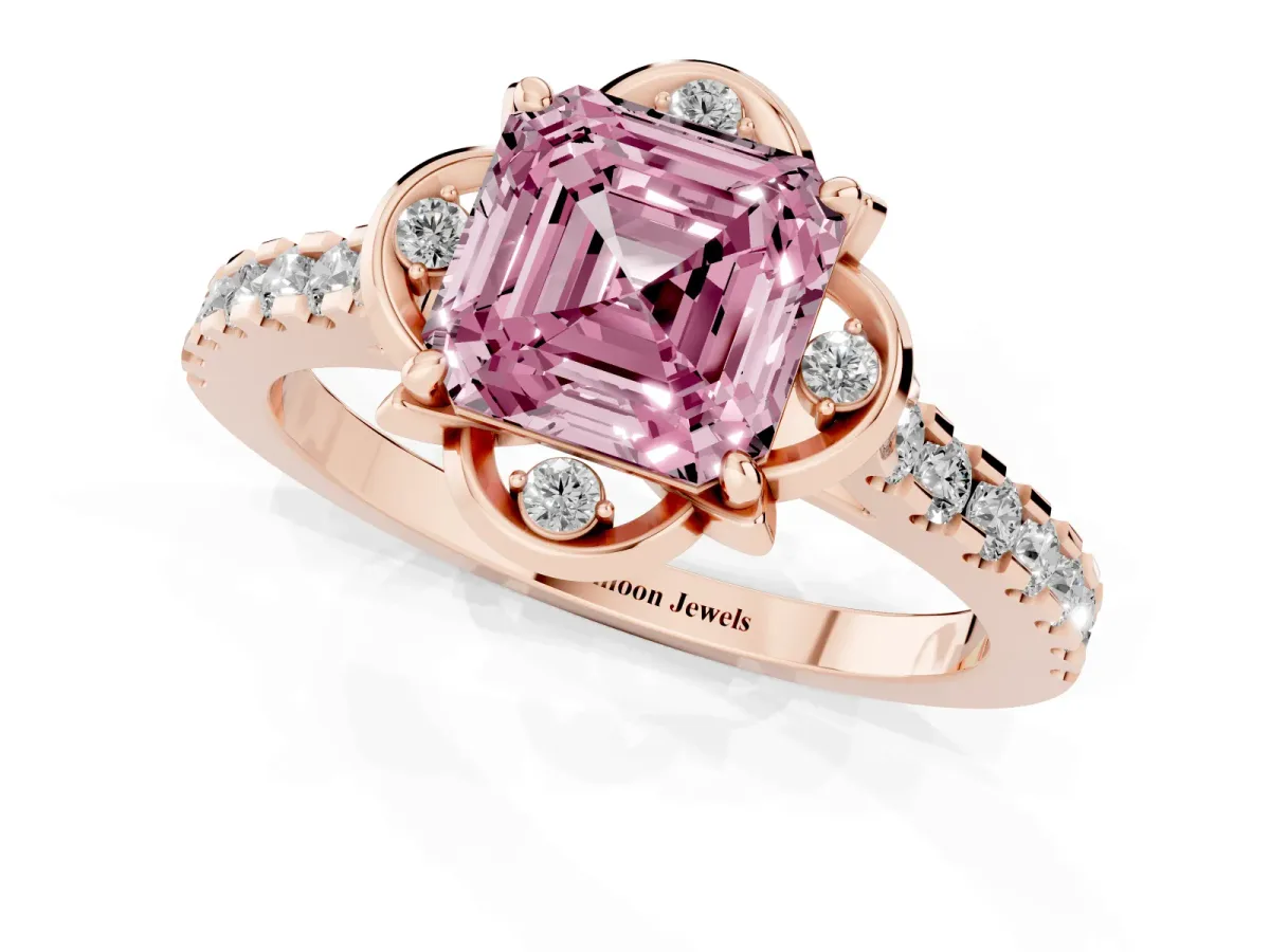 Fancy Pink Asscher Cut Diamond Ring with Pavé Band and Floral Prong Setting Rose gold