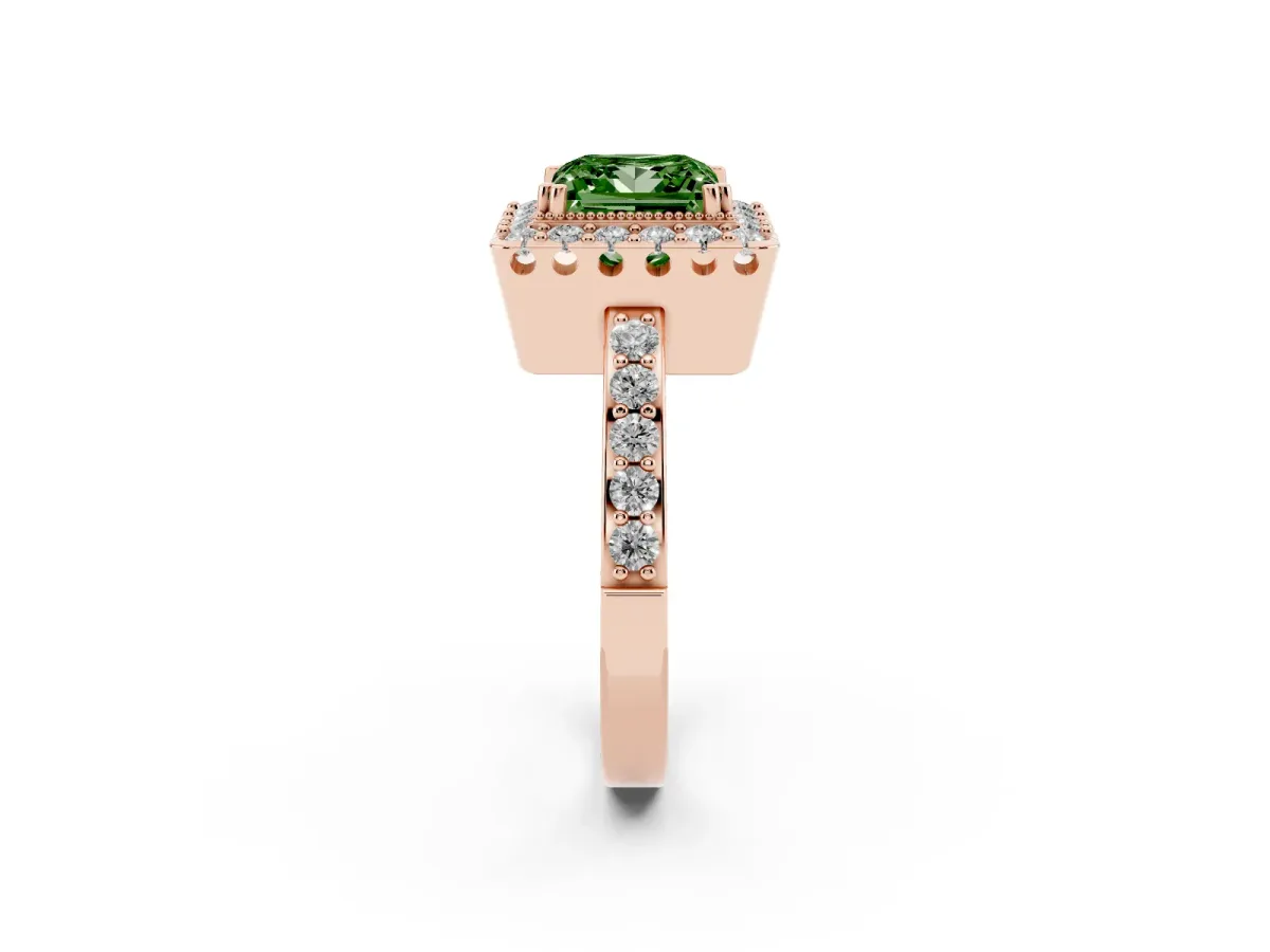 Fancy Green Princess Cut Diamond Halo Ring with Pavé Band and Prong Setting Rose gold