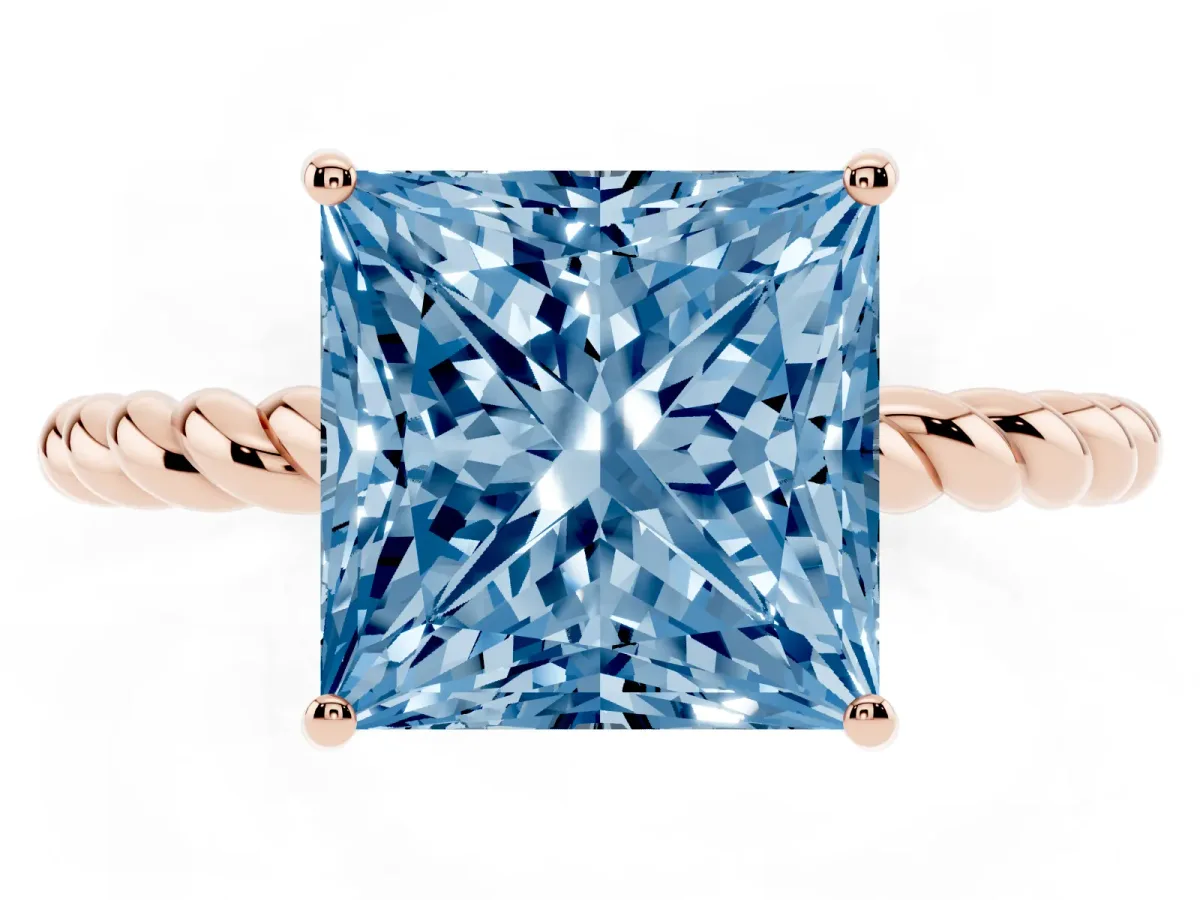 Fancy Blue Princess Cut Solitaire Twisted Band 4-Prong Ring Rose gold