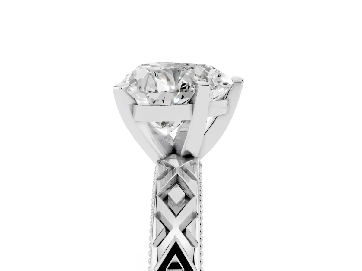 Heart Cut Solitaire Diamond Ring with Milgrain and Black Enamel X Pattern Band Silver