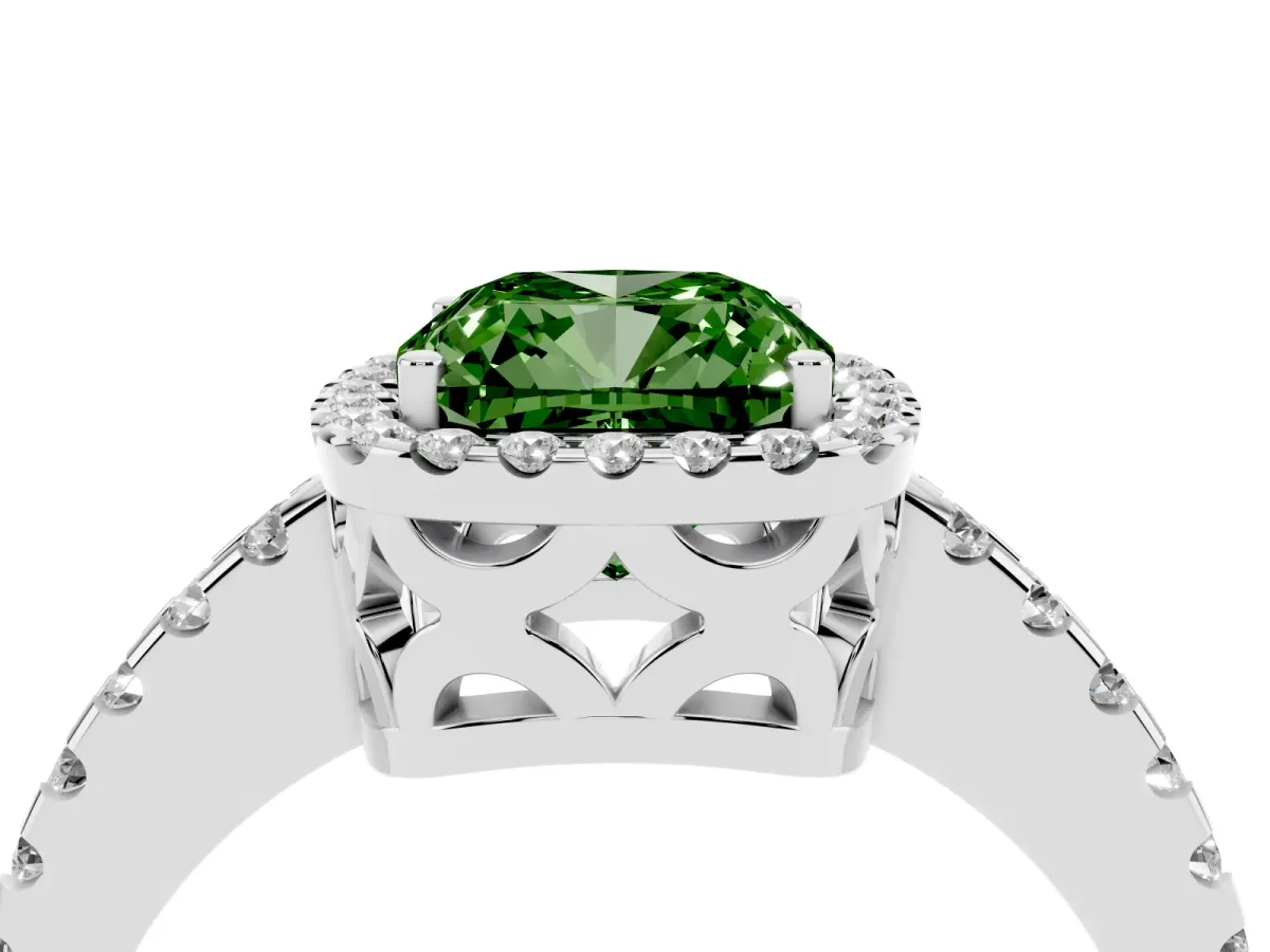 Fancy Green Cushion Cut Diamond Halo Engagement Ring with Pavé Band and Prong Setting Silver