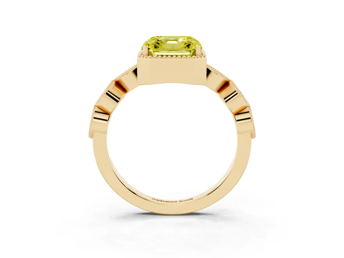 Fancy Yellow Asscher Cut Diamond Vintage Milgrain Ring with Round Stations Yellow gold