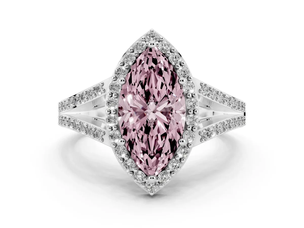 Fancy Pink Marquise Cut Halo Split Shank Pave Diamond Ring with Four-Prong Setting Platinum