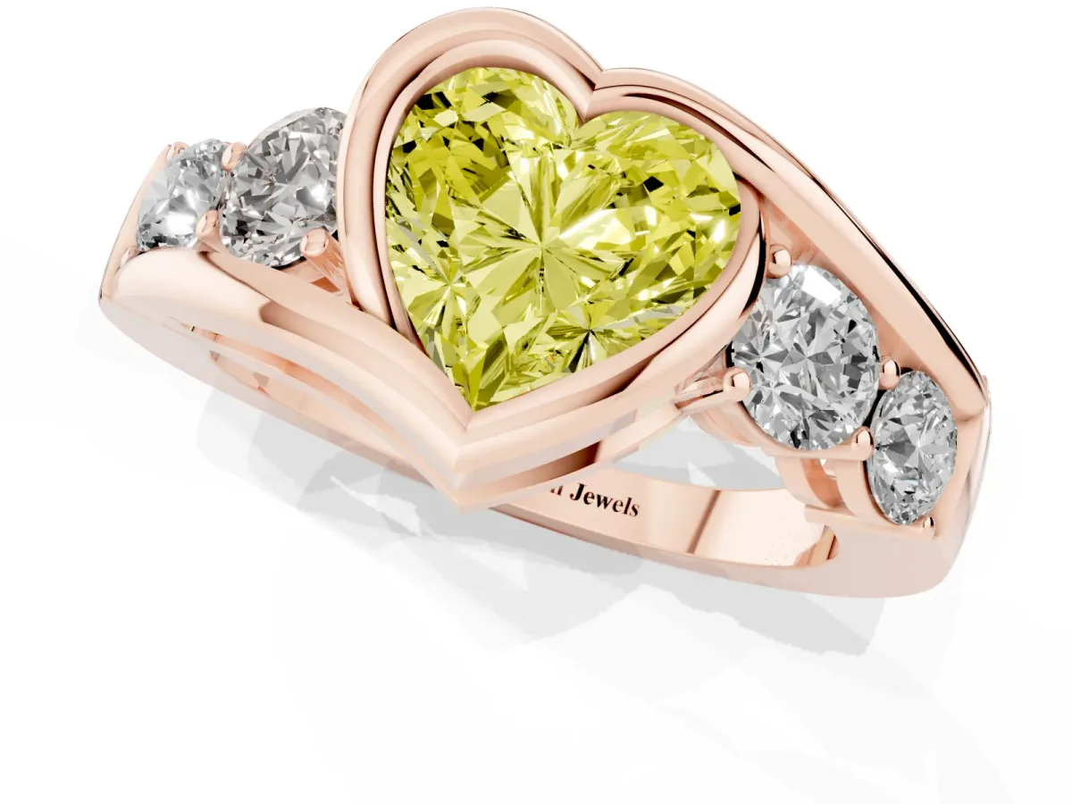 Fancy Yellow Bezel Set Heart Cut Diamond Bypass Ring with Round Accents Rose gold