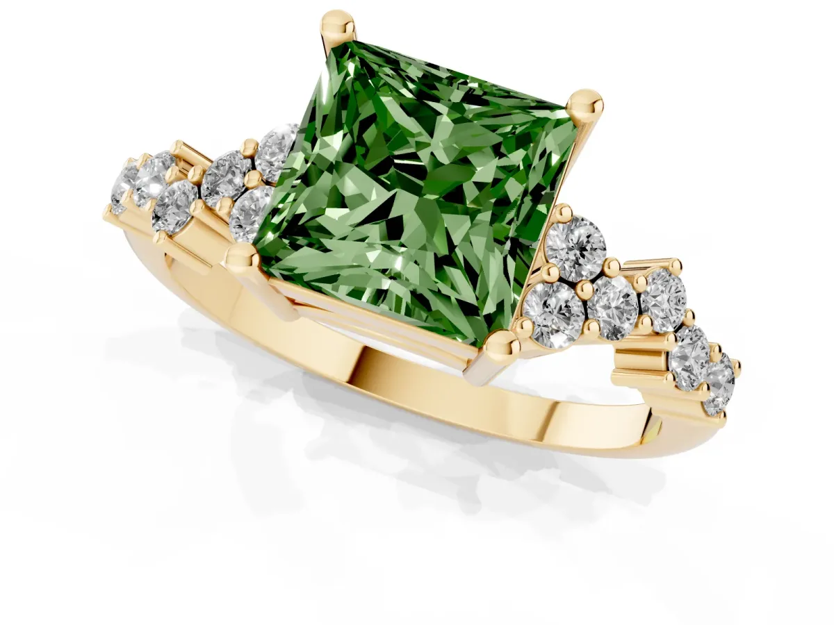Fancy Green Princess Cut Diamond Scattered Round Accent Ring with Prong Setting Yellow gold