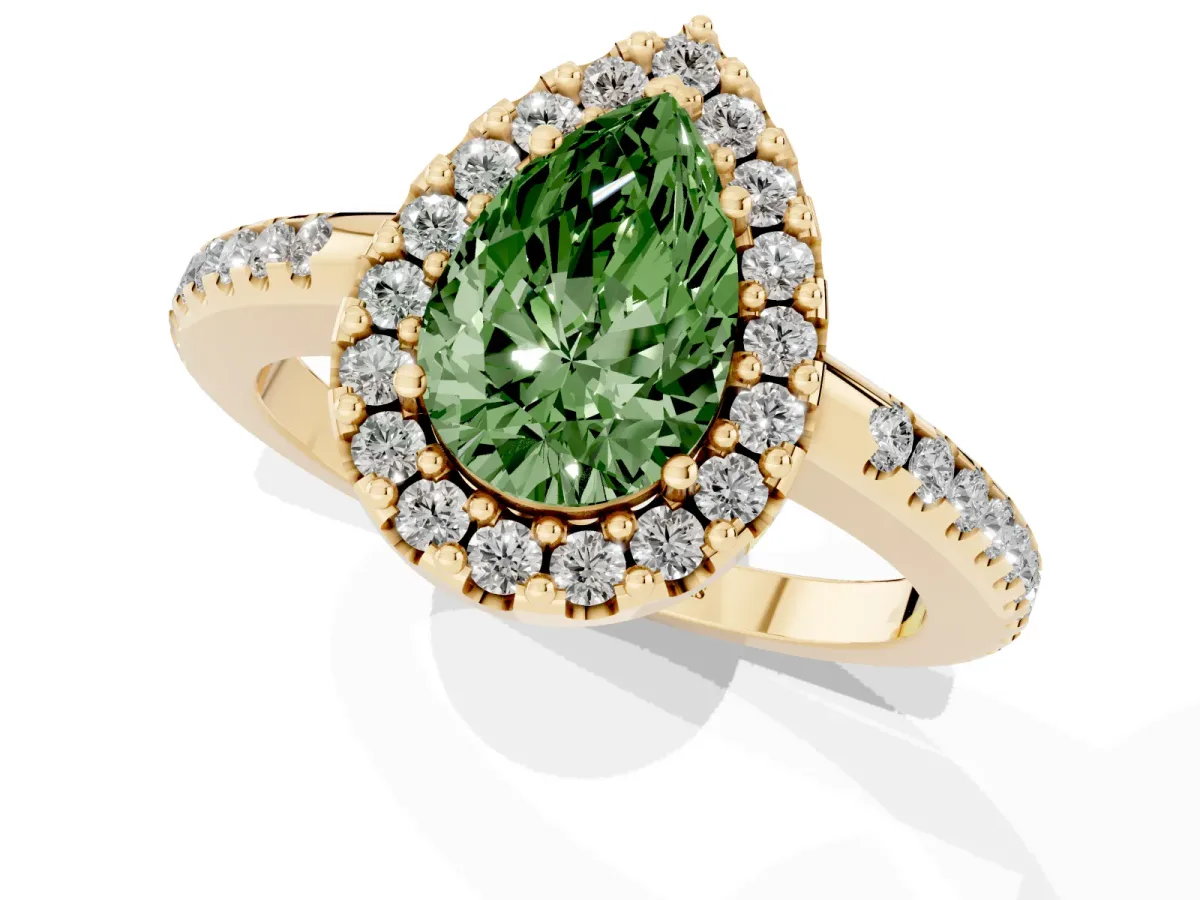 Fancy Green Pear Cut Diamond Pavé Halo Ring with Four-Prong Setting Yellow gold