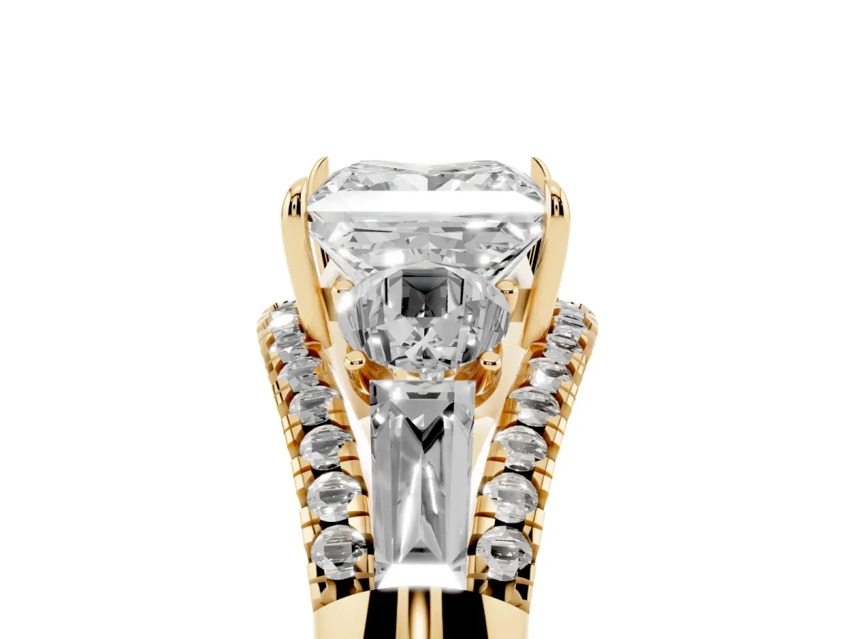Three-Stone Princess Cut Diamond Engagement Ring with Pave Band and Prong Setting Yellow gold