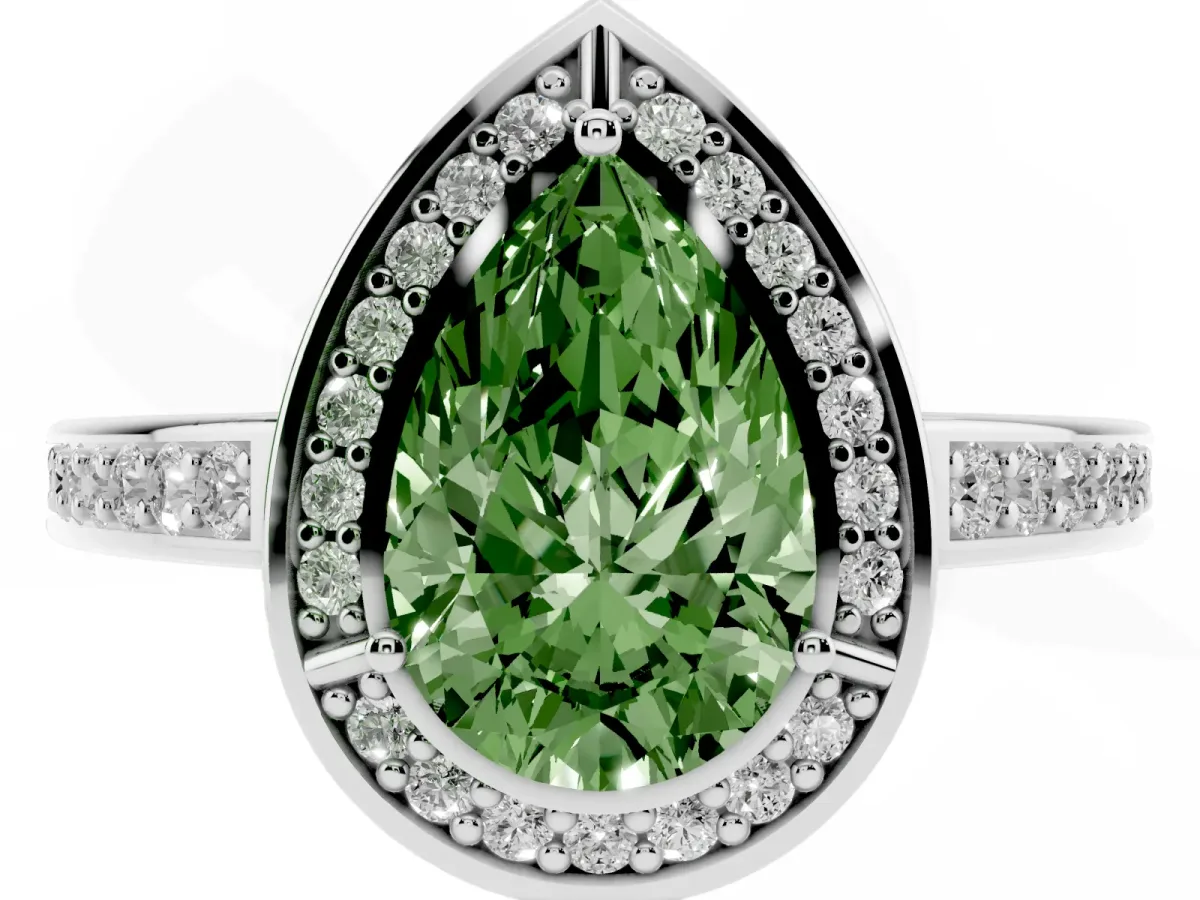 Fancy Green Pear Cut Cut Halo Pave Split Shank Prong Setting Ring Silver