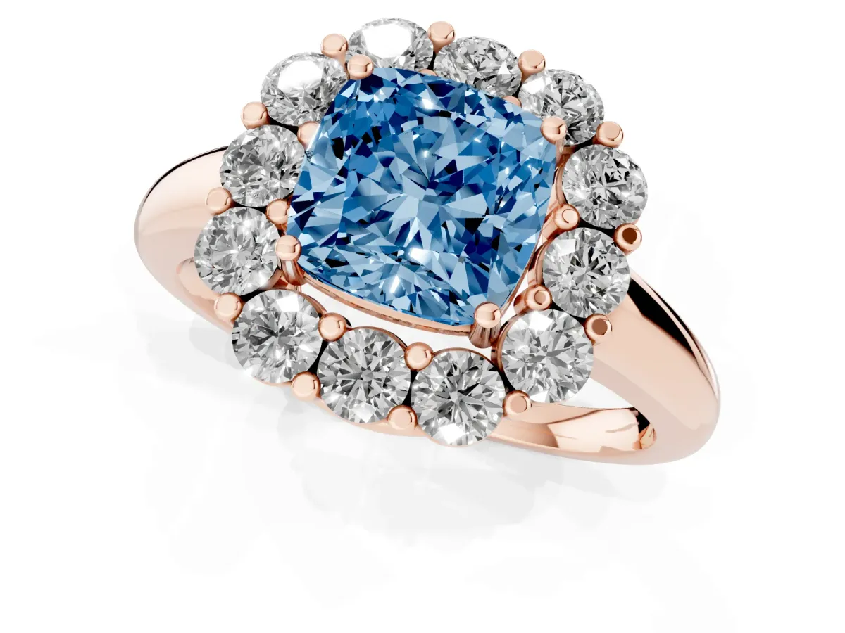 Fancy Blue Cushion Cut Halo Cluster Diamond Engagement Ring with Prong Setting and Polished Band Rose gold