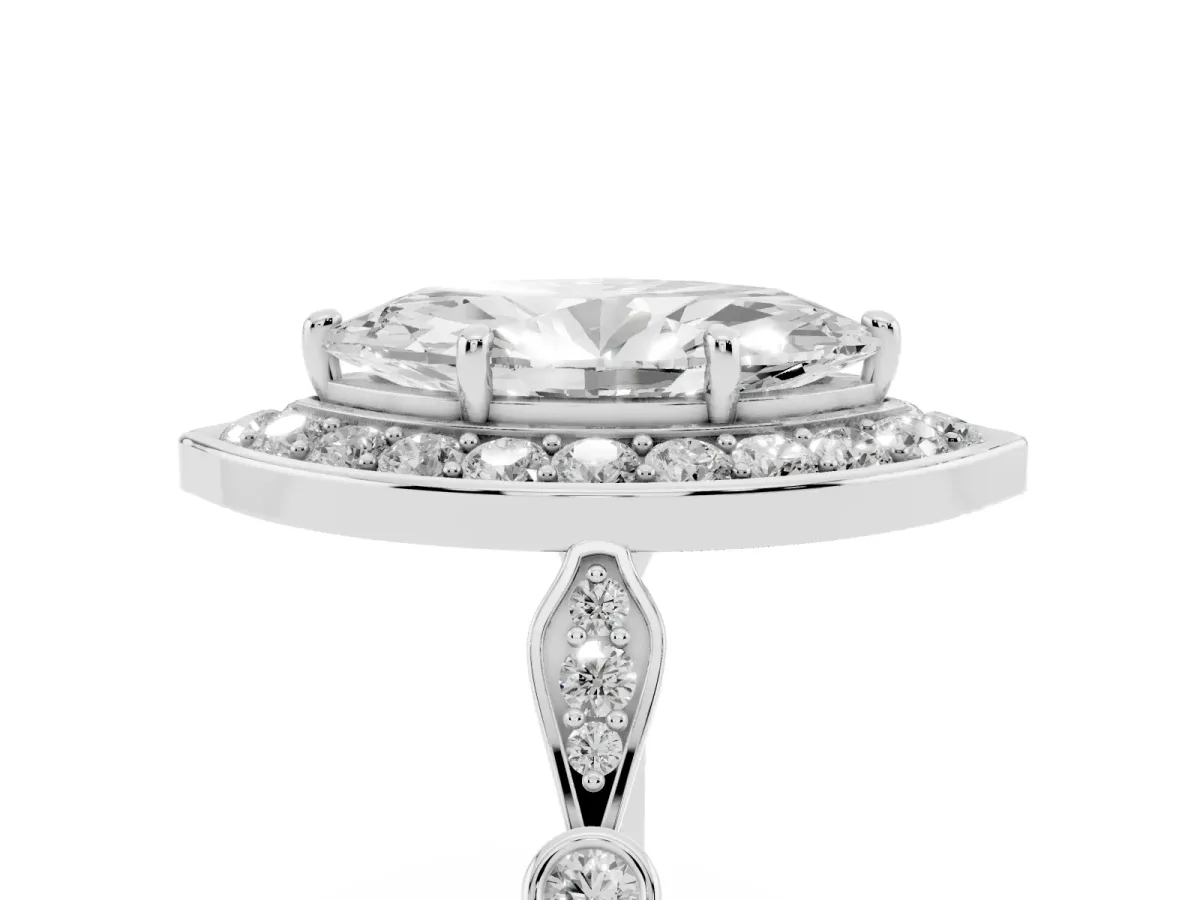 Marquise Cut Halo Diamond Engagement Ring with Twisted Band and Four-Prong Setting White gold