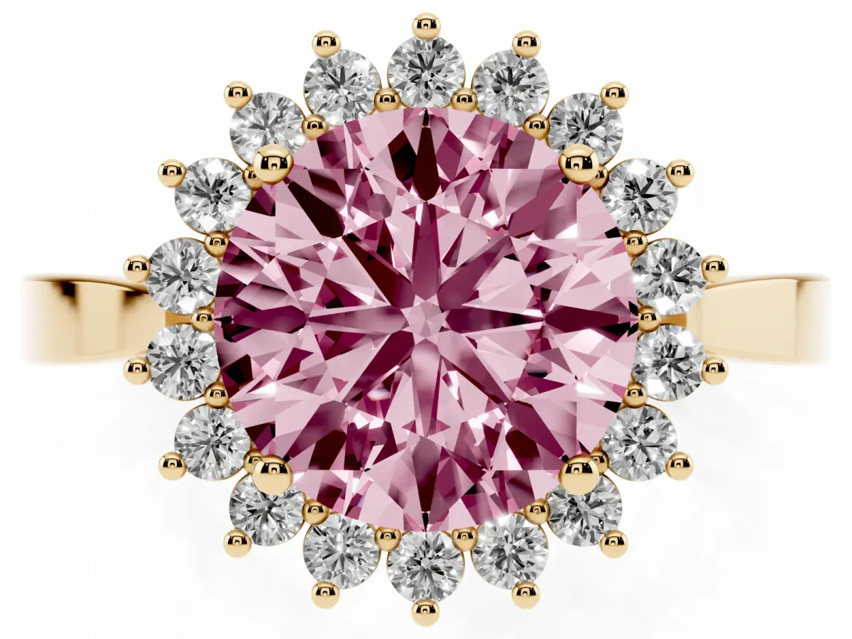 Fancy Pink Round Cut Cut Diamond Halo Ring with Round Brilliant Halo and Solitaire Band Yellow gold