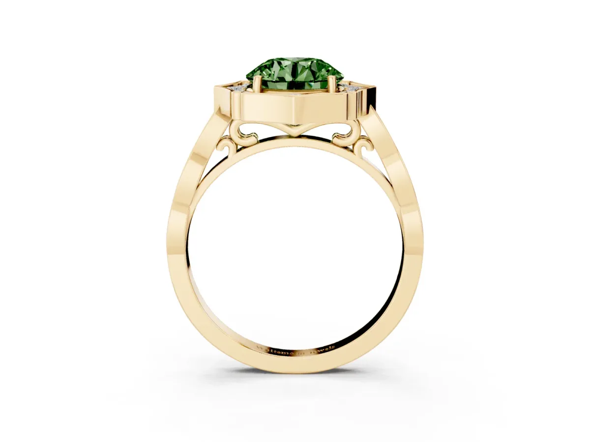 Fancy Green Round Cut Halo Diamond Engagement Ring with Milgrain Band and Four-Prong Setting Yellow gold