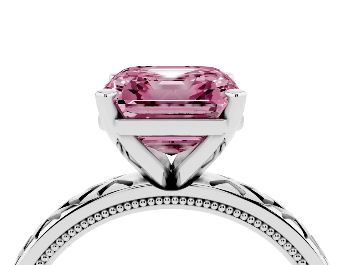 Fancy Pink Asscher Cut Solitaire Diamond Ring with Milgrain and Black Enamel X Pattern Band Silver