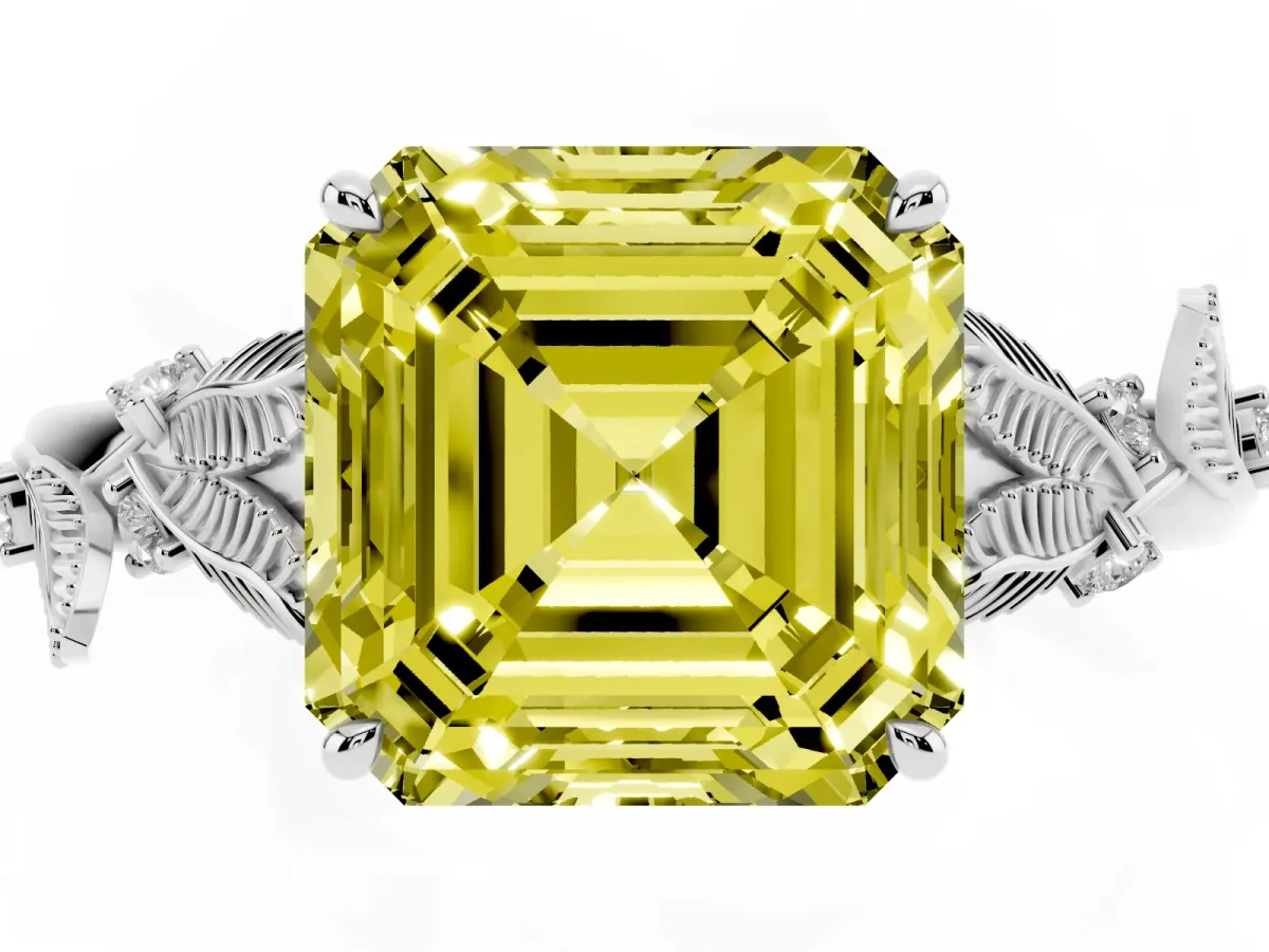 Fancy Yellow Asscher Cut Diamond Solitaire Ring with Leaf Motif Band and Four-Prong Setting Silver