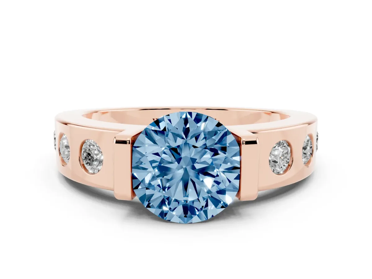 Fancy Blue Round Cut Brilliant Channel-Set Diamond Ring with Bezel Prong Setting Rose gold