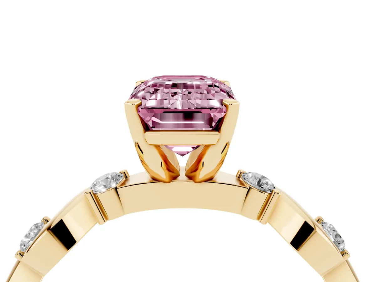 Fancy Pink Emerald Cut Diamond Solitaire Twisted Band with Round Accents and Prong Setting Yellow gold