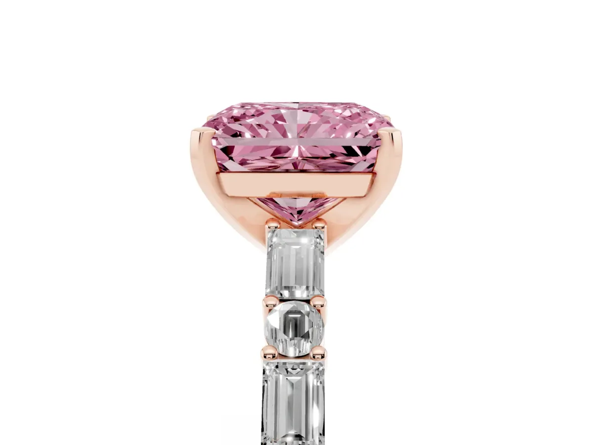 Fancy Pink Radiant Cut Diamond Solitaire with Side Baguettes and Channel Set Band Rose gold