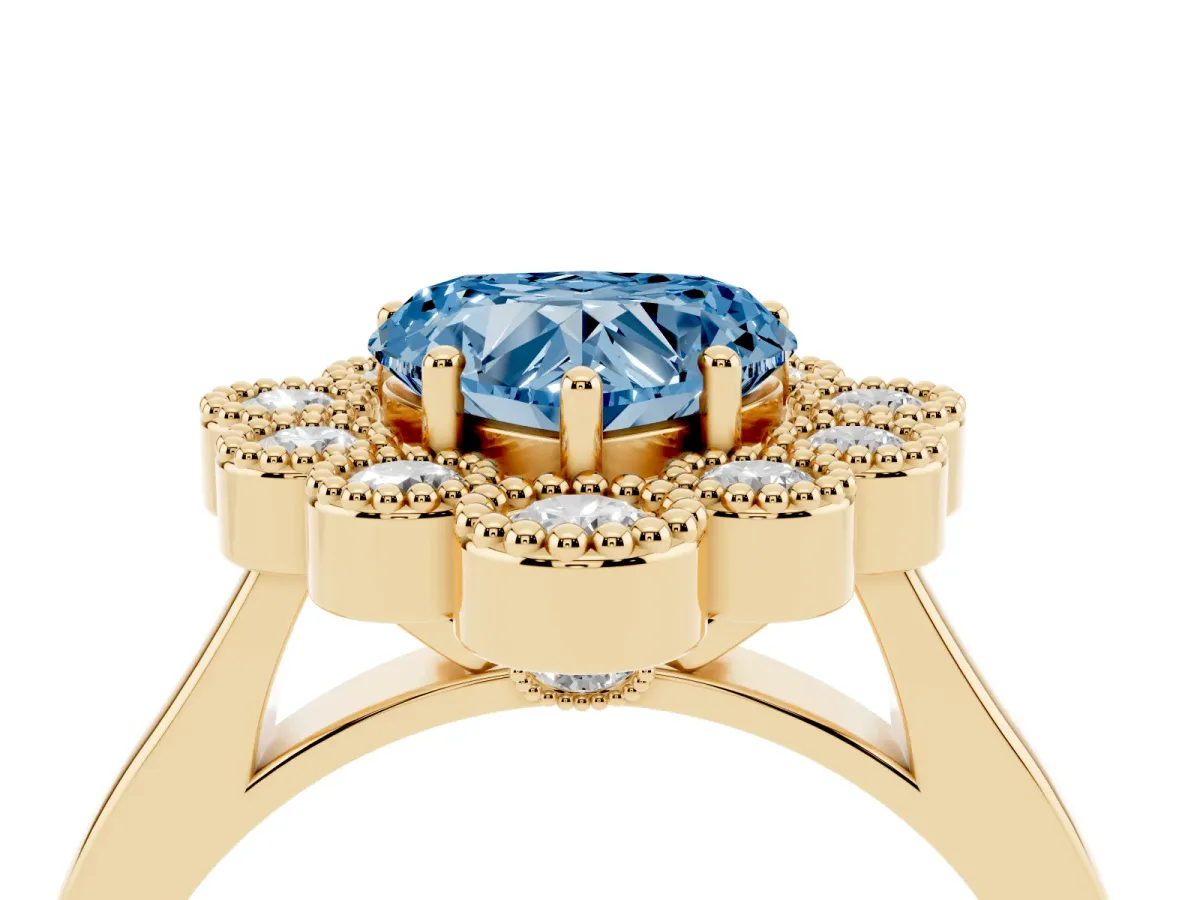 Fancy Blue Heart Cut Halo Diamond Cluster Engagement Ring with Milgrain Bezel Setting and Solitaire Band Yellow gold