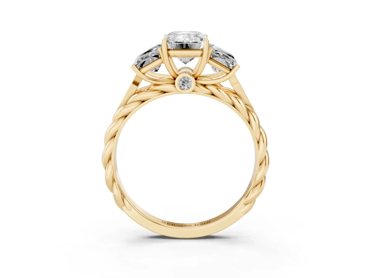 Three-Stone Radiant Cut Diamond Braided Band Ring with Four-Prong Setting Yellow gold