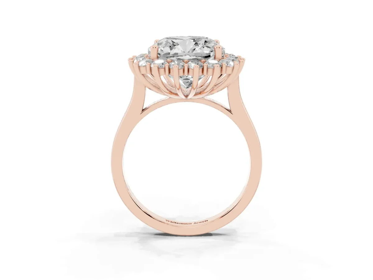 Cushion Diamond Halo Engagement Ring with Round Diamond Accents Rose gold