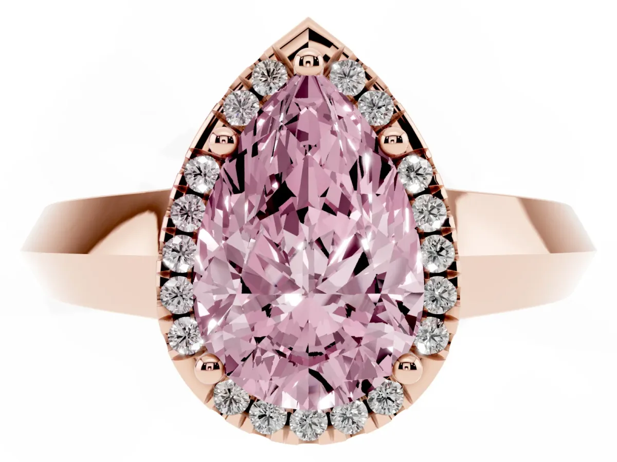 Fancy Pink Pear Cut Halo Diamond Ring with Cathedral Band and Four-Prong Setting Rose gold