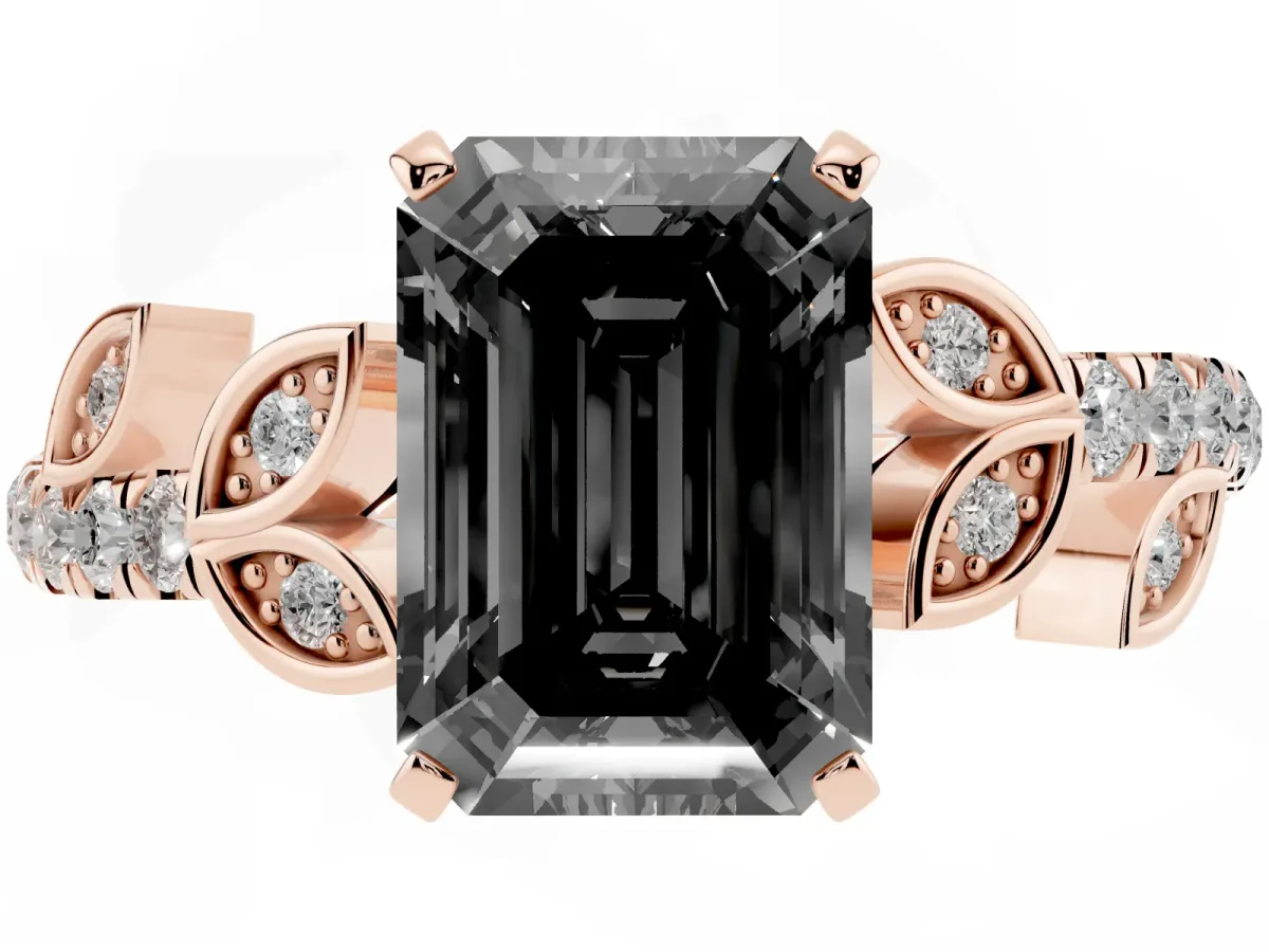 Fancy Black Emerald Cut Solitaire Leaf-Inspired Diamond Ring with Pavé Band and Four-Prong Setting Rose gold