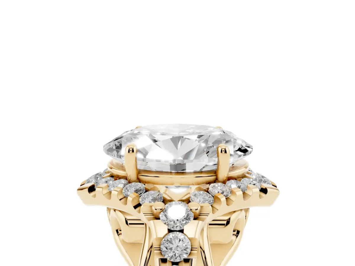 Oval Cut Diamond Solitaire Ring with Hidden Halo and Pavé Band Yellow gold